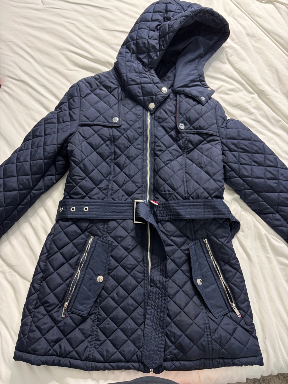 Tommy Hilfiger Quilted Hooded Belted Coat - Navy